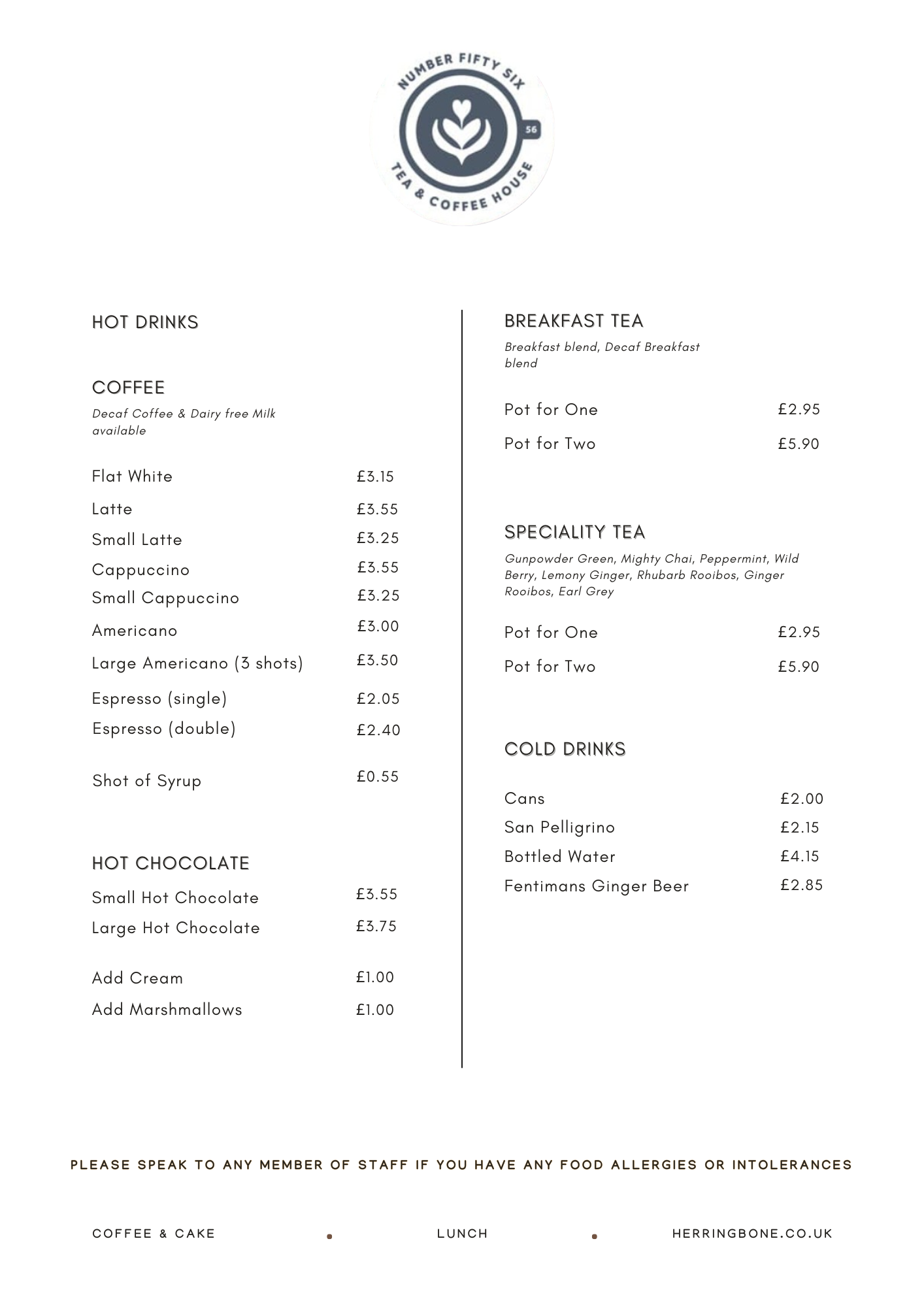 No 56 Cafe Menu