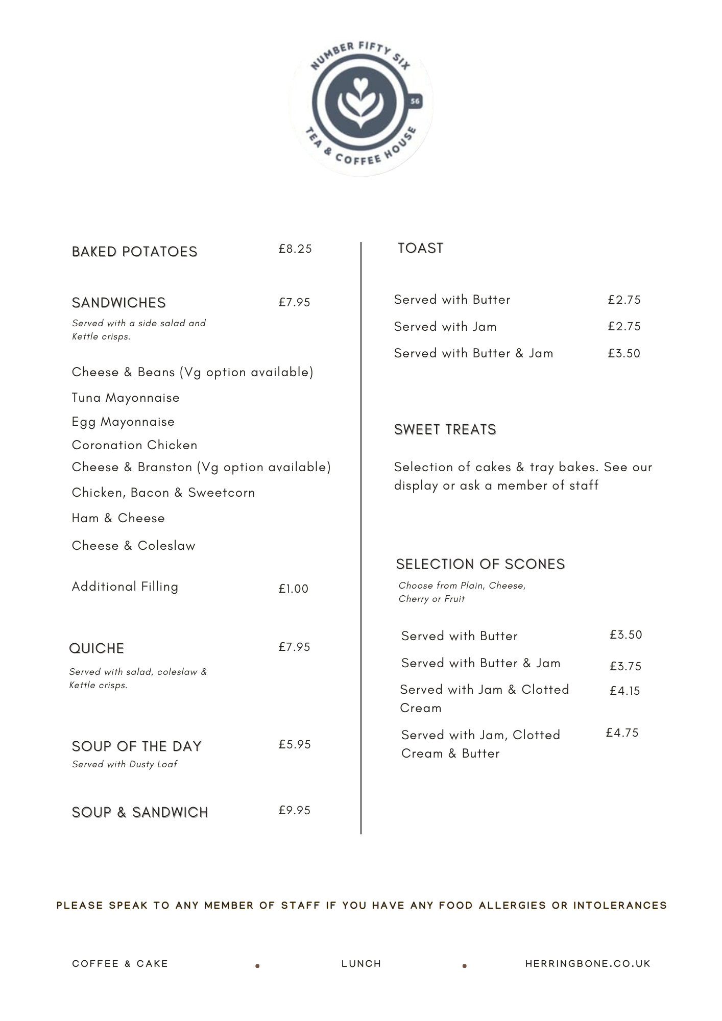 No 56 Cafe Menu